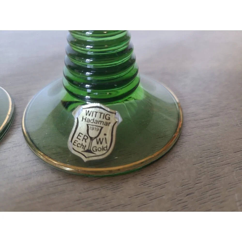 Set 2 Wittig Romer German Green Beehive Stem Gold Grapevine Cordial Glasses 4”